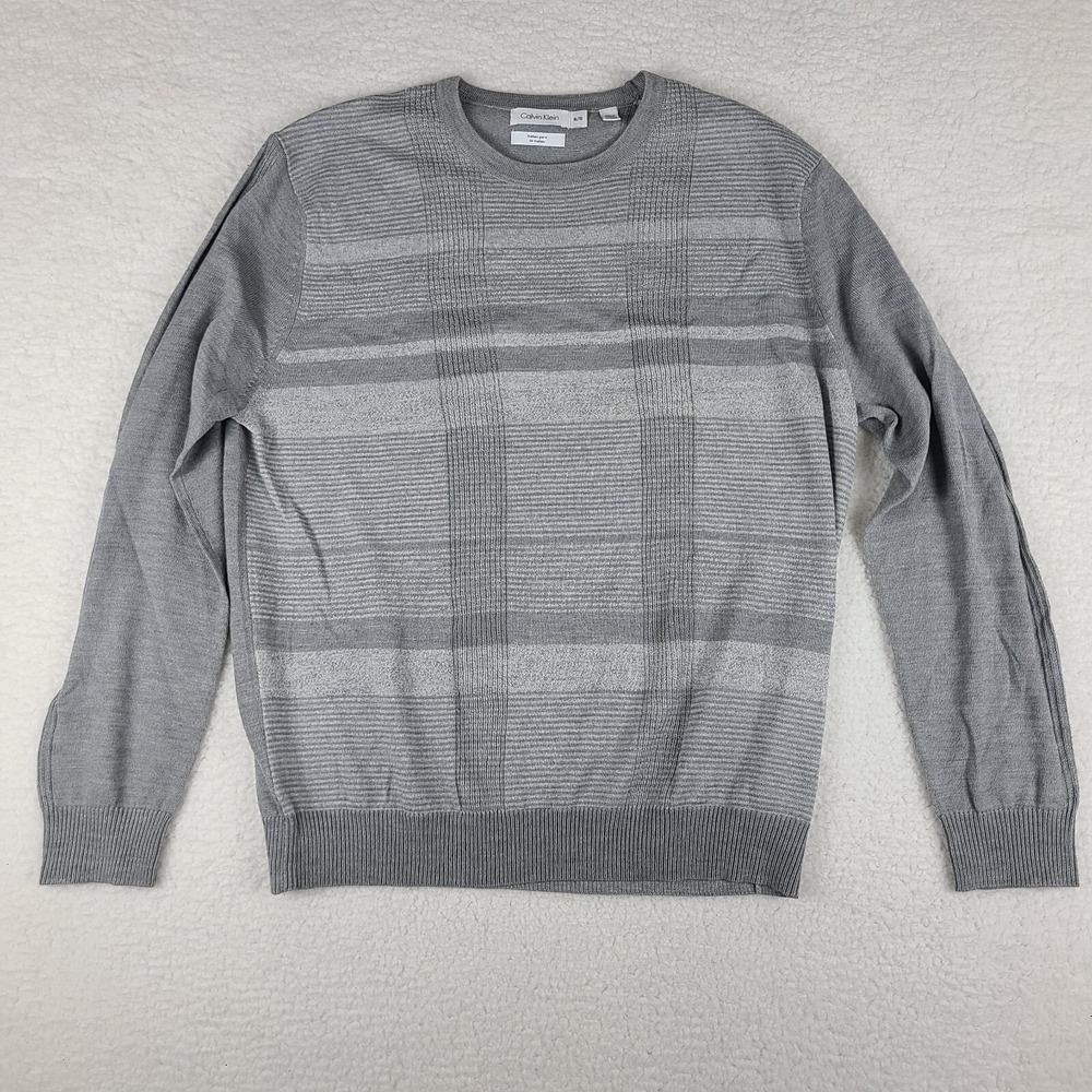Calvin Klein Sweater Mens XL Gray Plaid Italian‎ Yarn Merino Crewneck Sweatshirt